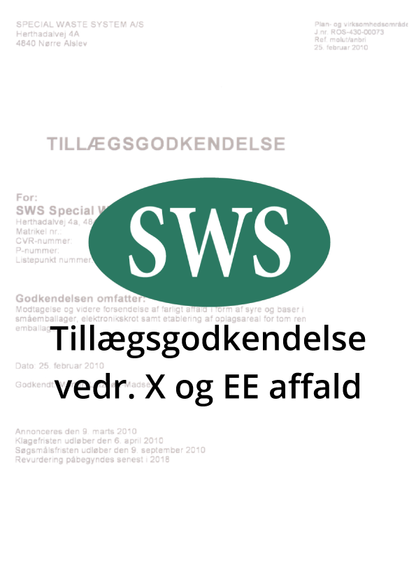 PDF SWS Tillægsgodkendelse X og EE-affald